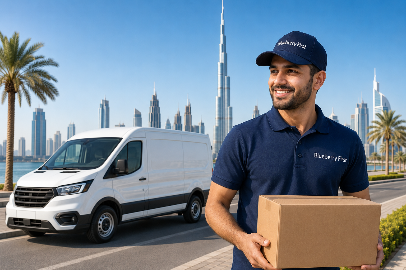 Professional Blueberry First courier delivery driver holding a parcel beside a white delivery van in Dubai city with modern skyline and Burj Khalifa in the background.