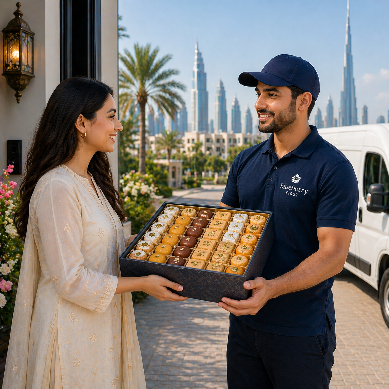 A smiling delivery man wearing a navy shirt with a “Blueberry First” logo hands a large assorted sweets box to a happy woman at her doorstep, with a modern city skyline and delivery van in the background.