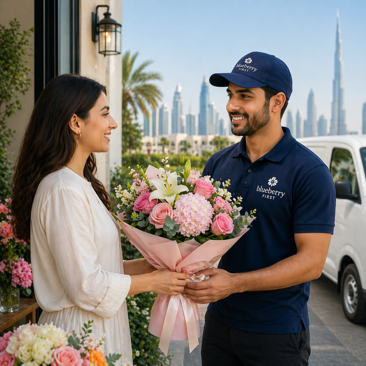 A smiling flower delivery worker wearing a navy uniform with “Blueberry First” logo hands a fresh pink and white bouquet to a happy woman at her doorstep, with a modern city skyline and delivery van in the background.
