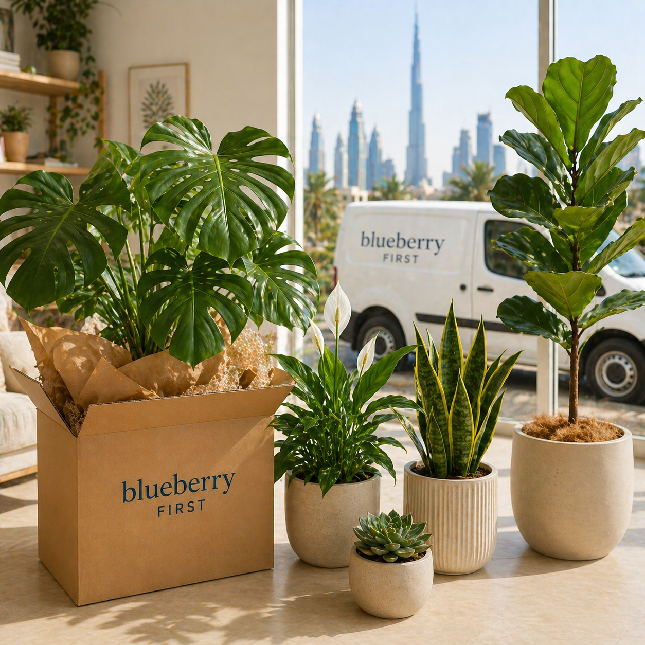 A bright indoor setting with a collection of healthy potted plants, including monstera, snake plant, and peace lily, arranged beside an open box labeled “Blueberry First,” with a Dubai skyline and delivery van visible through the window.