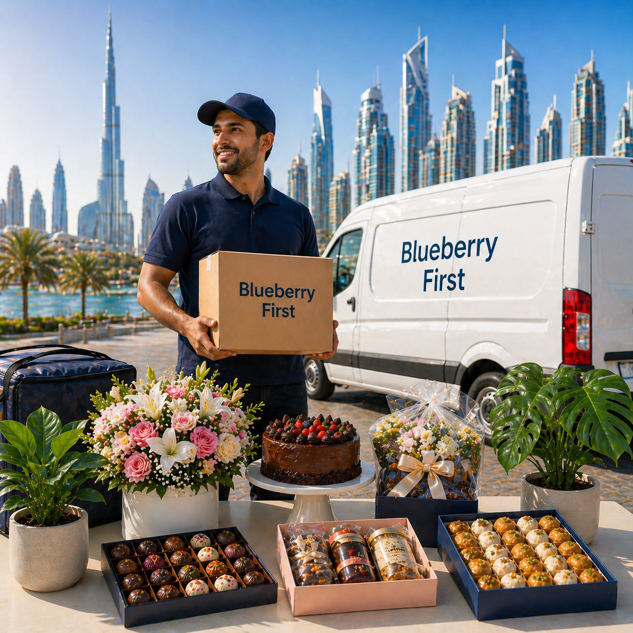 A professional delivery driver holding a box labeled “Blueberry First” stands beside a branded delivery van with the same name, with flowers, cakes, chocolates, sweets, and indoor plants arranged in front against a modern Dubai skyline.