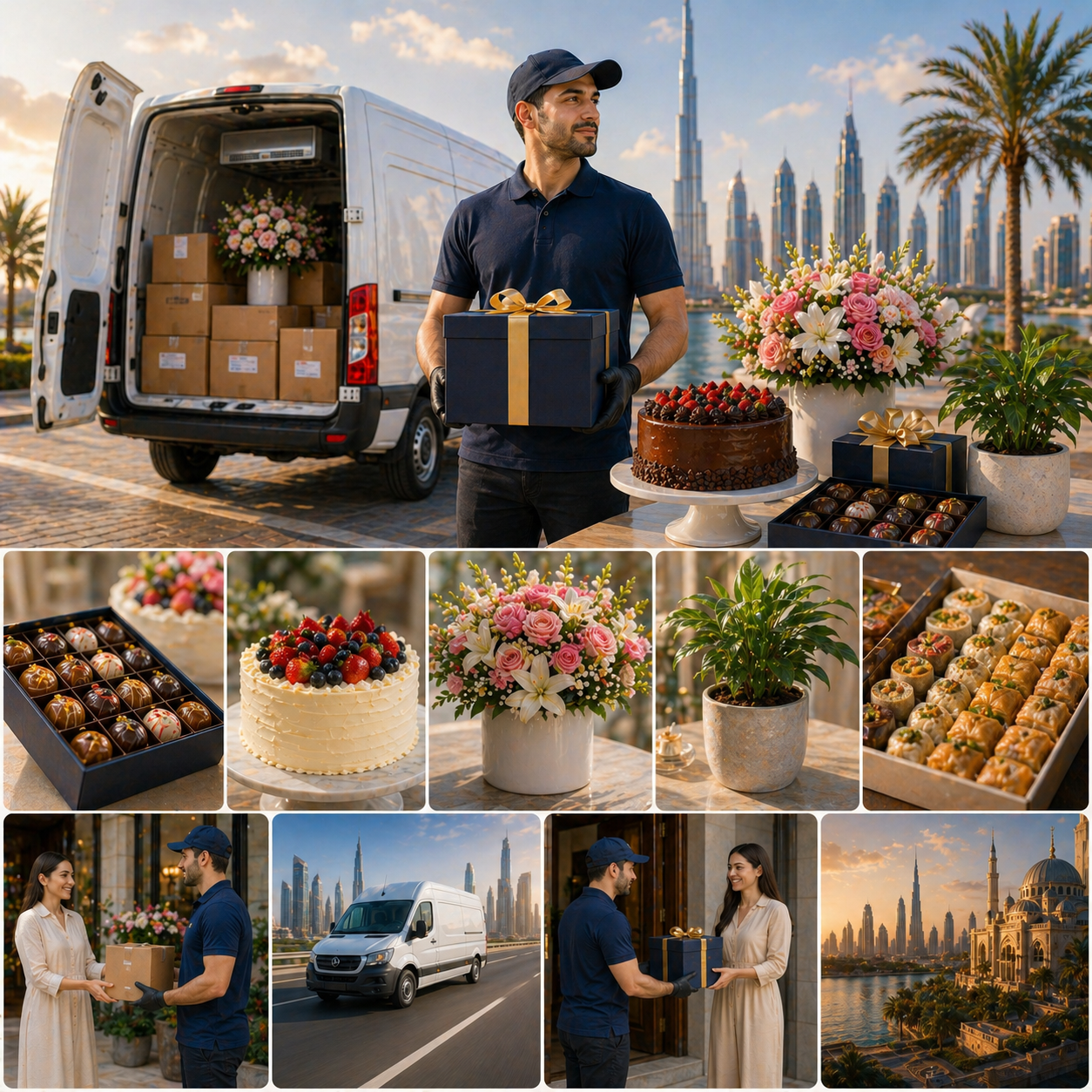 A delivery driver stands beside an open van loaded with packages, holding a gift box, while cakes, chocolates, flowers, indoor plants, and sweets are arranged in the foreground, with a modern Dubai skyline in the background.