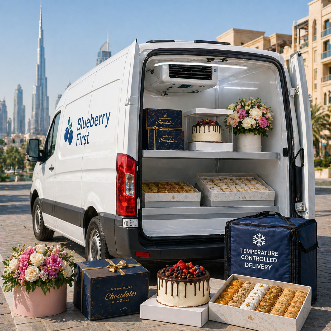 A temperature-controlled delivery van with its rear doors open, revealing neatly arranged cakes, chocolates, sweets, and floral arrangements inside, set against a modern Dubai skyline under bright daylight.