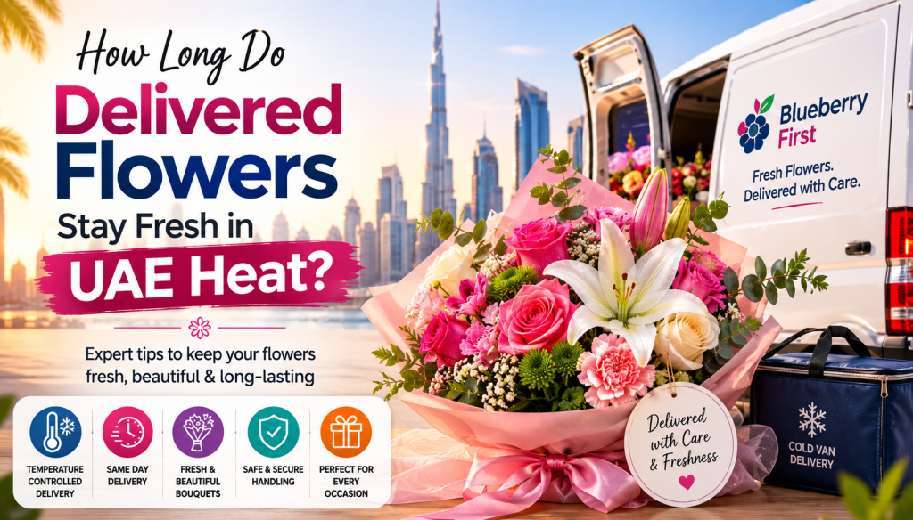 How Long Do Delivered Flowers Stay Fresh in UAE Heat? Featured image showing a fresh bouquet of roses, lilies, and mixed flowers beside a Blueberry First delivery van in Dubai. The image highlights temperature-controlled flower delivery, same-day flower delivery service, and expert flower care tips for keeping flowers fresh in UAE heat.