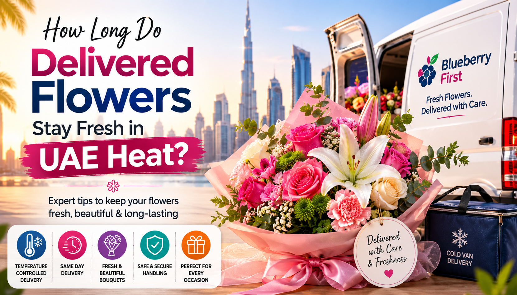 How Long Do Delivered Flowers Stay Fresh in UAE Heat? Featured image showing a fresh bouquet of roses, lilies, and mixed flowers beside a Blueberry First delivery van in Dubai. The image highlights temperature-controlled flower delivery, same-day flower delivery service, and expert flower care tips for keeping flowers fresh in UAE heat.