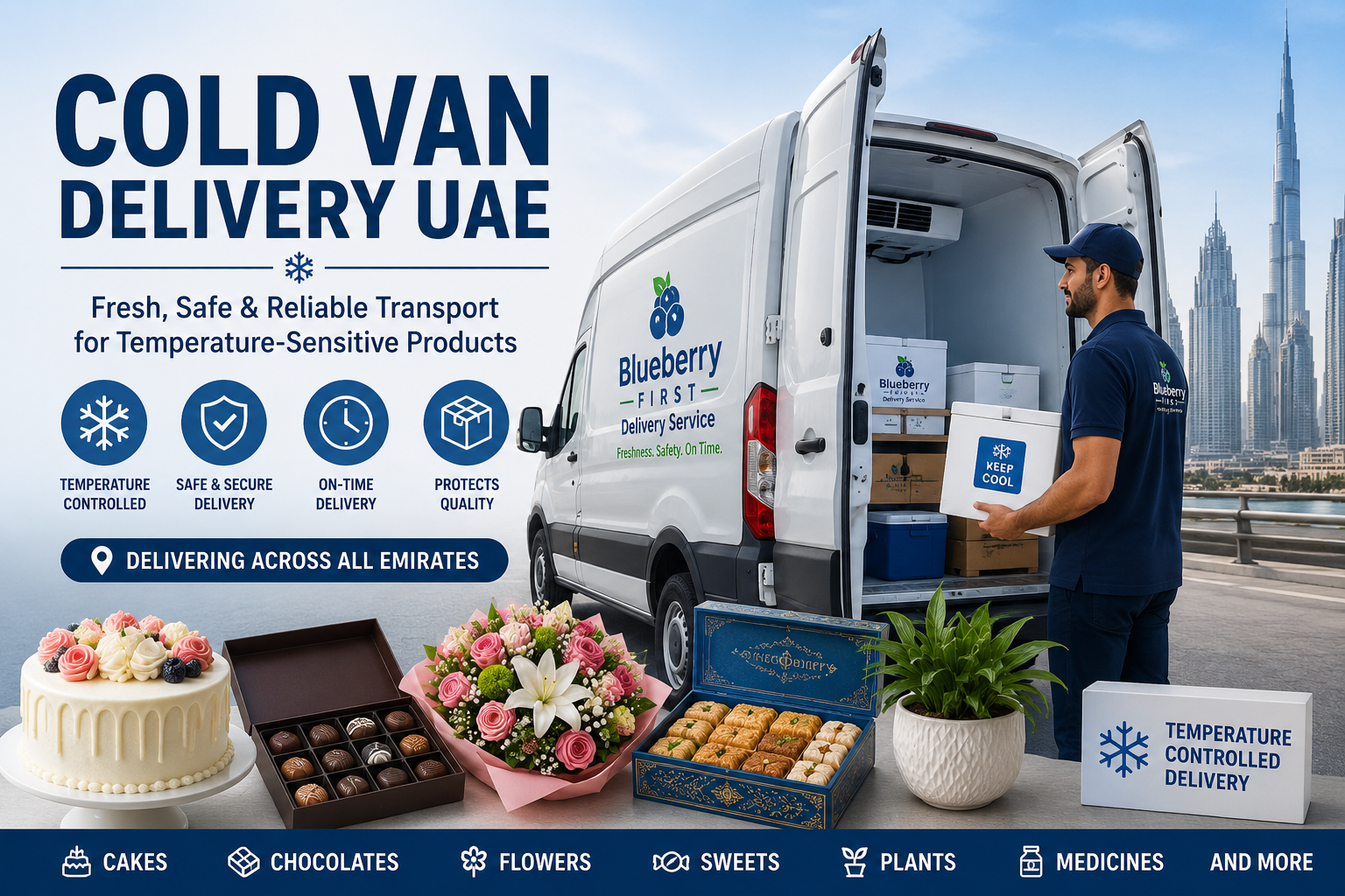 Cold Van Delivery UAE service transporting cakes, chocolates, flowers, sweets, plants, and temperature-sensitive products in a refrigerated delivery van in Dubai