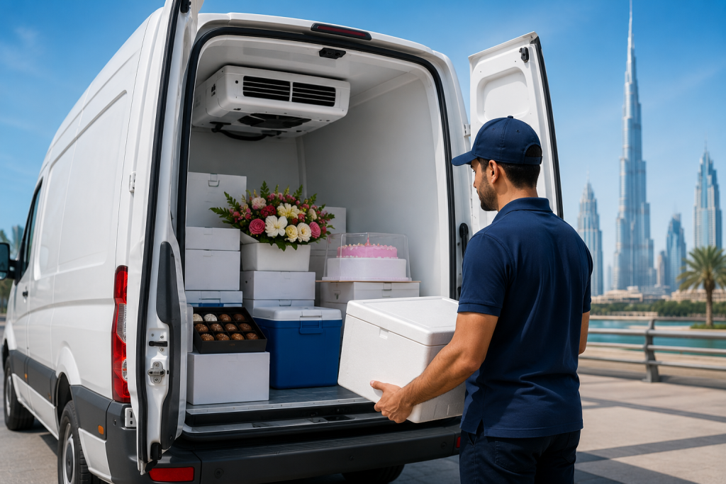 Cold Van Delivery UAE driver unloading temperature-sensitive products from a refrigerated delivery van in Dubai