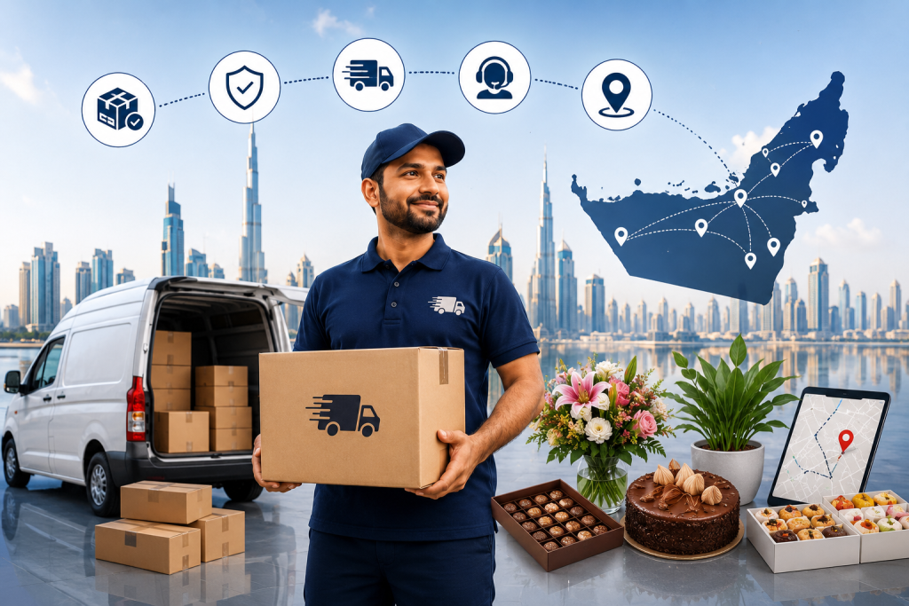 Reliable courier service in UAE showing professional delivery driver, courier van, parcel handling, UAE-wide delivery network, shipment tracking, and temperature-controlled logistics solutions.