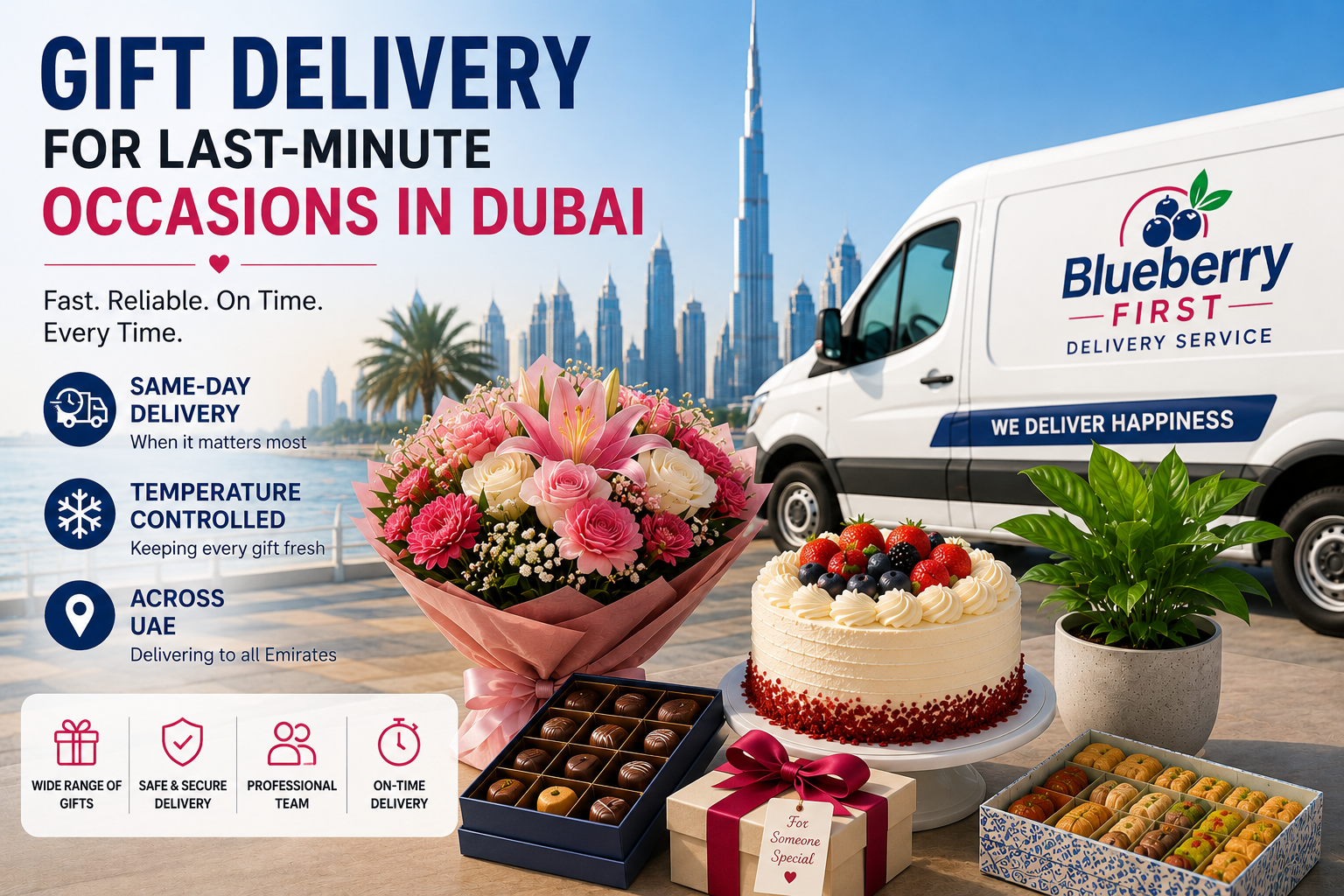 Gift delivery for last-minute occasions in Dubai featuring a Blueberry First delivery van, fresh flower bouquet, birthday cake, chocolates, sweets, and indoor plant with Dubai skyline in the background, highlighting same-day and temperature-controlled delivery services across the UAE.