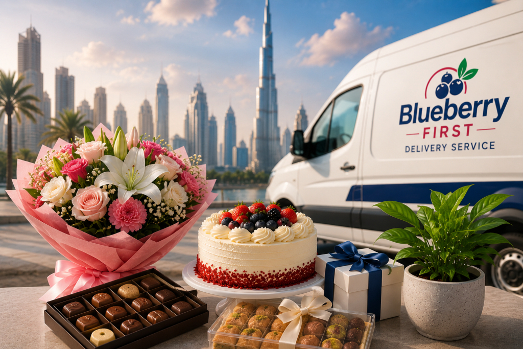 Same-day gift delivery service in Dubai featuring fresh flowers, birthday cake, chocolates, sweets, gift boxes, and an indoor plant beside a Blueberry First delivery van with the Dubai skyline in the background.