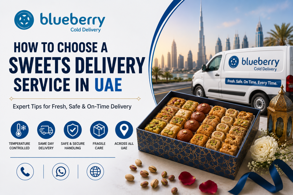 "Featured image for How to Choose a Sweets Delivery Service in UAE showing Blueberry Cold Delivery van, premium assorted sweets, Dubai skyline, and temperature-controlled same-day delivery service across the UAE."