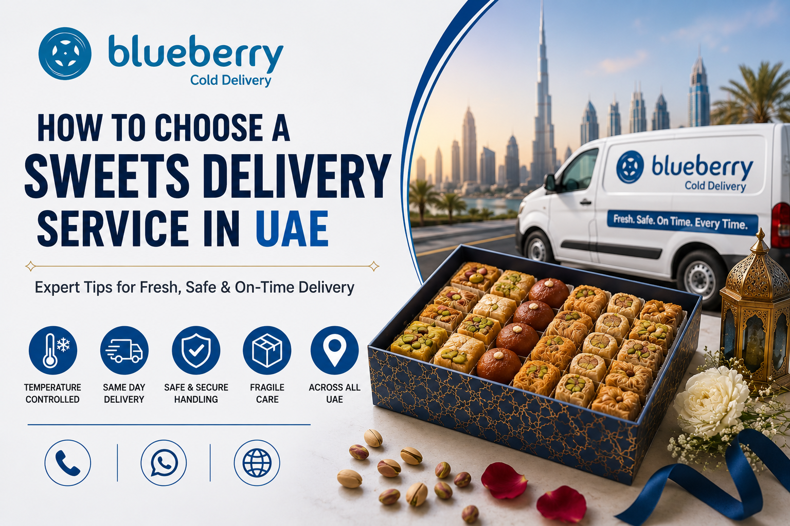 "Featured image for How to Choose a Sweets Delivery Service in UAE showing Blueberry Cold Delivery van, premium assorted sweets, Dubai skyline, and temperature-controlled same-day delivery service across the UAE."