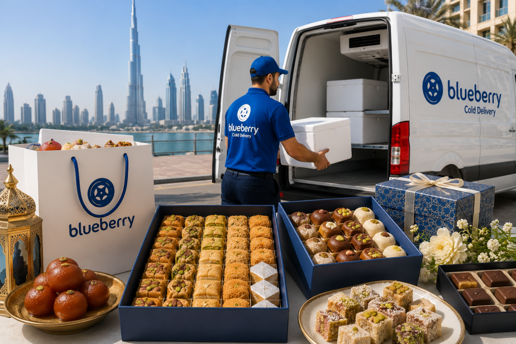 "Blueberry Cold Delivery driver loading premium assorted sweets into a refrigerated delivery van with Dubai skyline in the background, showcasing professional temperature-controlled sweets delivery service across the UAE."
