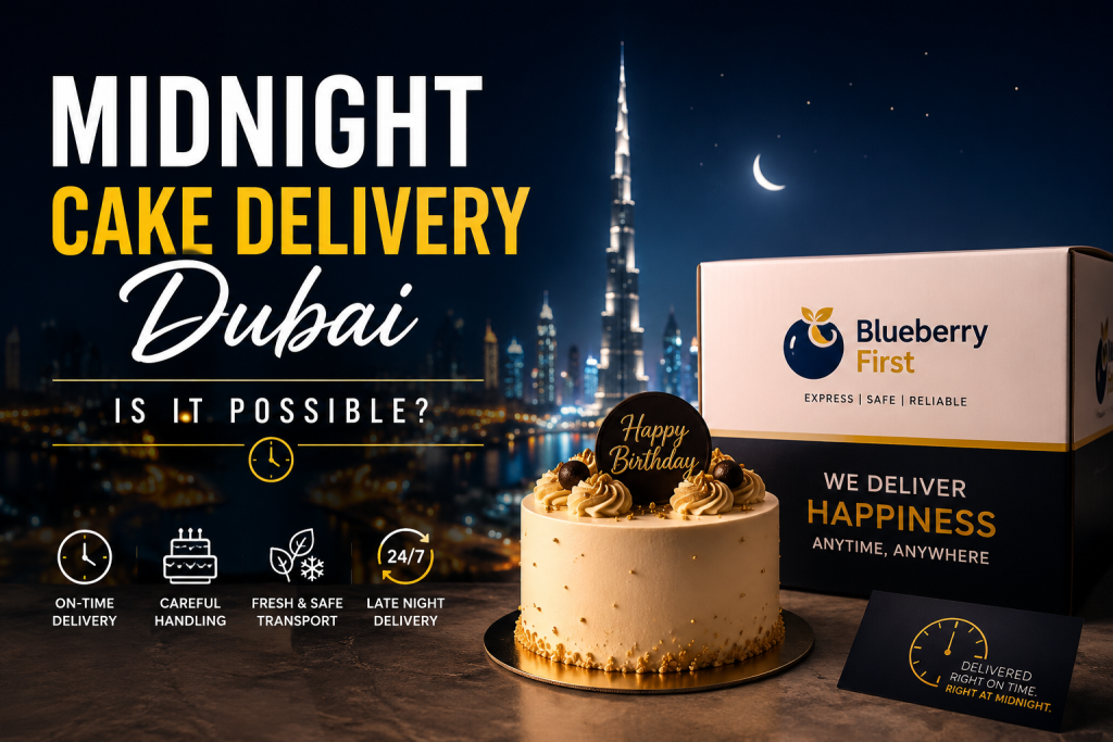 Midnight cake delivery in Dubai with a birthday cake, Blueberry First delivery box, and Dubai skyline at night representing late-night cake delivery services.