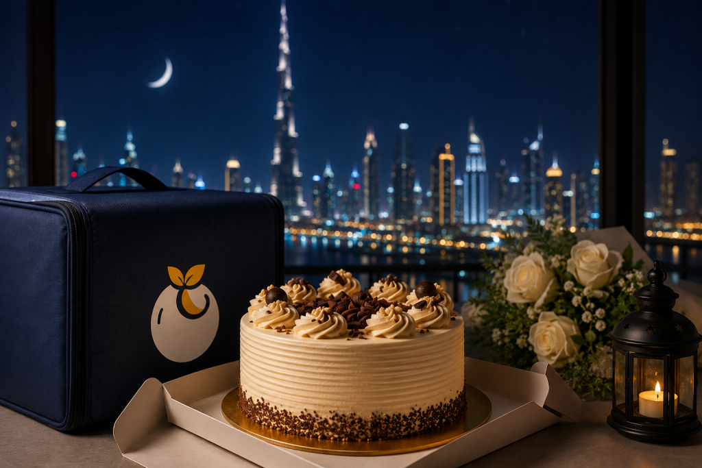 Fresh birthday cake ready for midnight cake delivery in Dubai with insulated delivery bag and Dubai skyline at night.