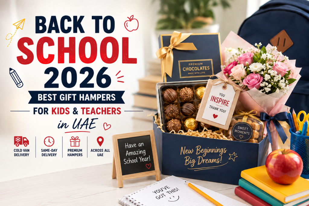 Back to School 2026 gift hamper in UAE featuring premium chocolates, fresh flowers, school supplies, and a backpack with the heading "Back to School", ideal for kids and teachers.