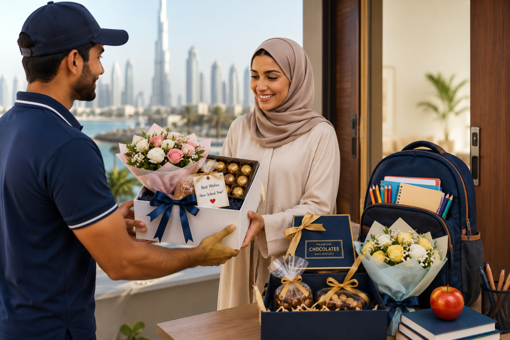 Delivery executive handing a premium back-to-school gift hamper with chocolates, flowers, and school supplies to a customer at a modern home in Dubai, UAE.