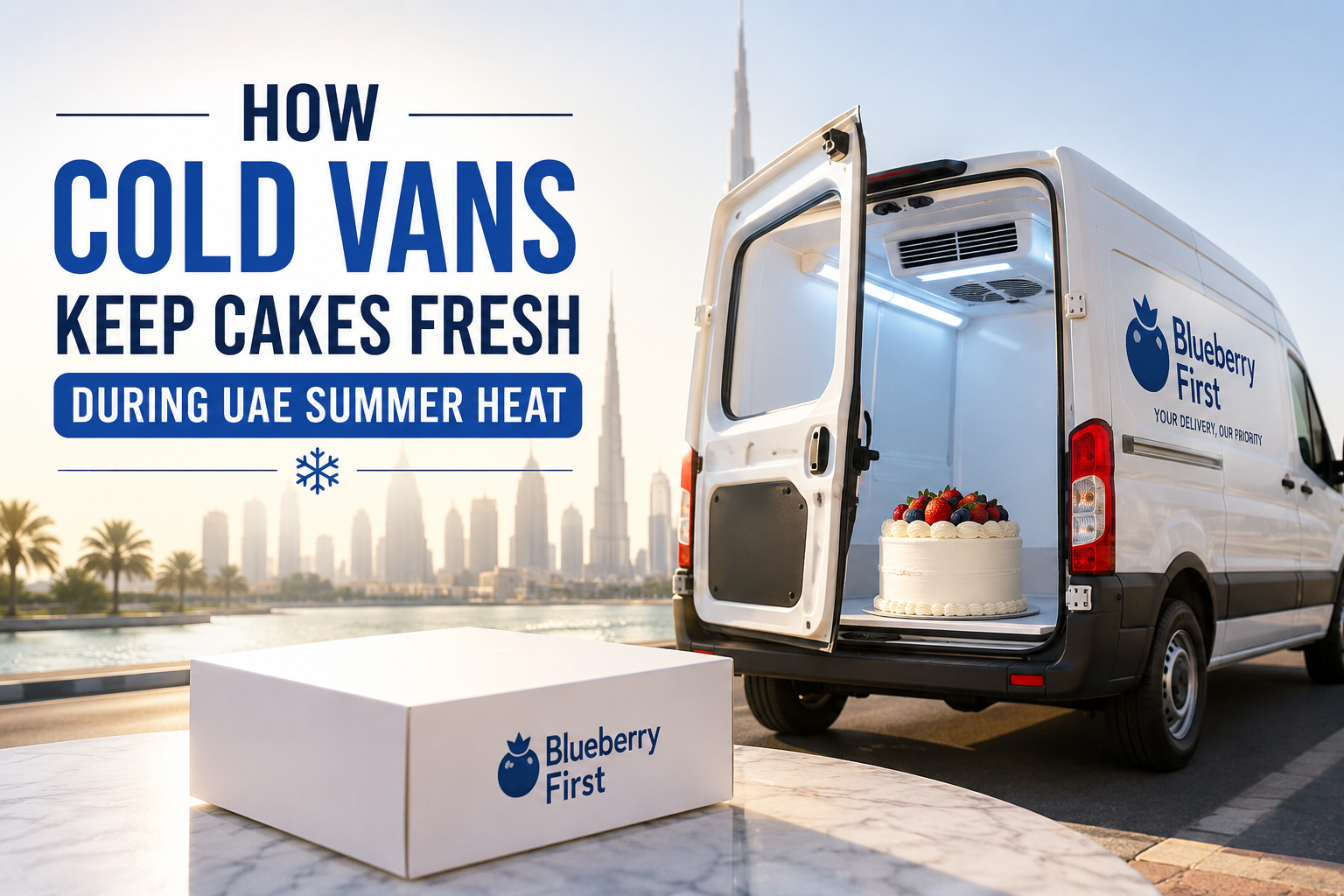 "Blueberry First refrigerated cold van transporting a fresh cream cake safely during UAE summer heat with temperature-controlled cake delivery service."