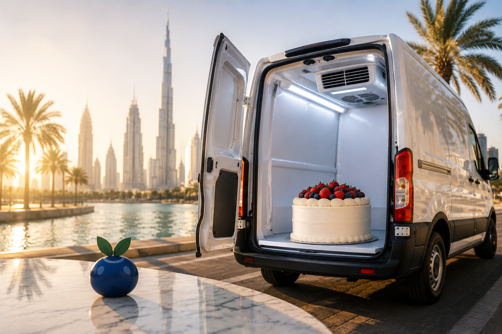 "Refrigerated cold van transporting a fresh celebration cake safely during the UAE summer with temperature-controlled cake delivery."